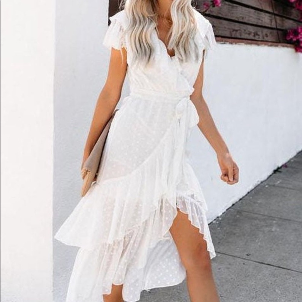 White ruffle fluttery sleeve midi low front dress